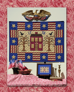 1776 Concord Colonial – “Liberty” Collection – Pattern - # Q11 - This patriotic pattern is a tribute to the small band of men who, although greatly outnumbered, bravely faced the fight for freedom in Concord, Massachusetts. Their actions in 1775 sparked the fires of the Revolutionary War in 1776. The quilt uses block construction for the house, strip piecing for the striped blocks and is finished with appliqué. The cross stitch, worked on 14 count aida cloth, mirrors the quilt. A little slice of Americana pie! 