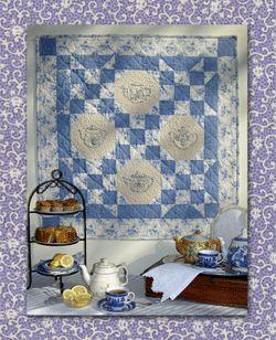 "High Tea" Collection - Pattern # Q15 - What a lovely concept - high tea - that nice leisurely break in the afternoon nibbling on fancy little sandwiches, eating a crumpet and sipping tea. Unfortunately, I'm not a big fan of tea; it would be better if it tasted more like coffee. What I do like about tea is the pot from which it is poured. I started collecting teapots when I was 15 (which automatically gives them "antique status") and have continued collecting through the years. Inspiration for this quilt comes from that collection. The teapots are embroidered in traditional redwork style on tea-dyed muslin and combined with a toiles-type print. It would also be lovely done in red with a red toiles fabric accent. 