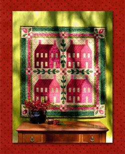 Lancaster Square - "Pennsylvania" Collection - Pattern - #Q35 -  I have visited Lancaster County several times over the years but never for more than a day or so. Last fall I had the good fortune of spending an entire week in this inspiring county. With visiting every quilt shop (there is no such thing as too much fabric), listening to the clip-clop of the horses pulling their buggies, and enjoying the friendly folks who are so lucky to live there, nirvana was attained. A tour through the city of Lancaster, with its brick colonial row houses, was the perfect end to the perfect week and my inspiration for this quilt. It has full-size template patterns and placement sheets and is easily constructed using strip piecing and fusible appliqué quilting methods.